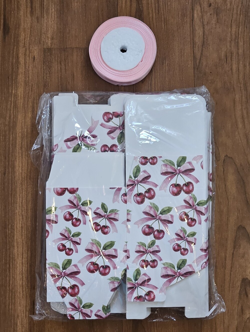 Cherry Print Gift Boxes with Pink Ribbon Accent 4" X 4" X 4"